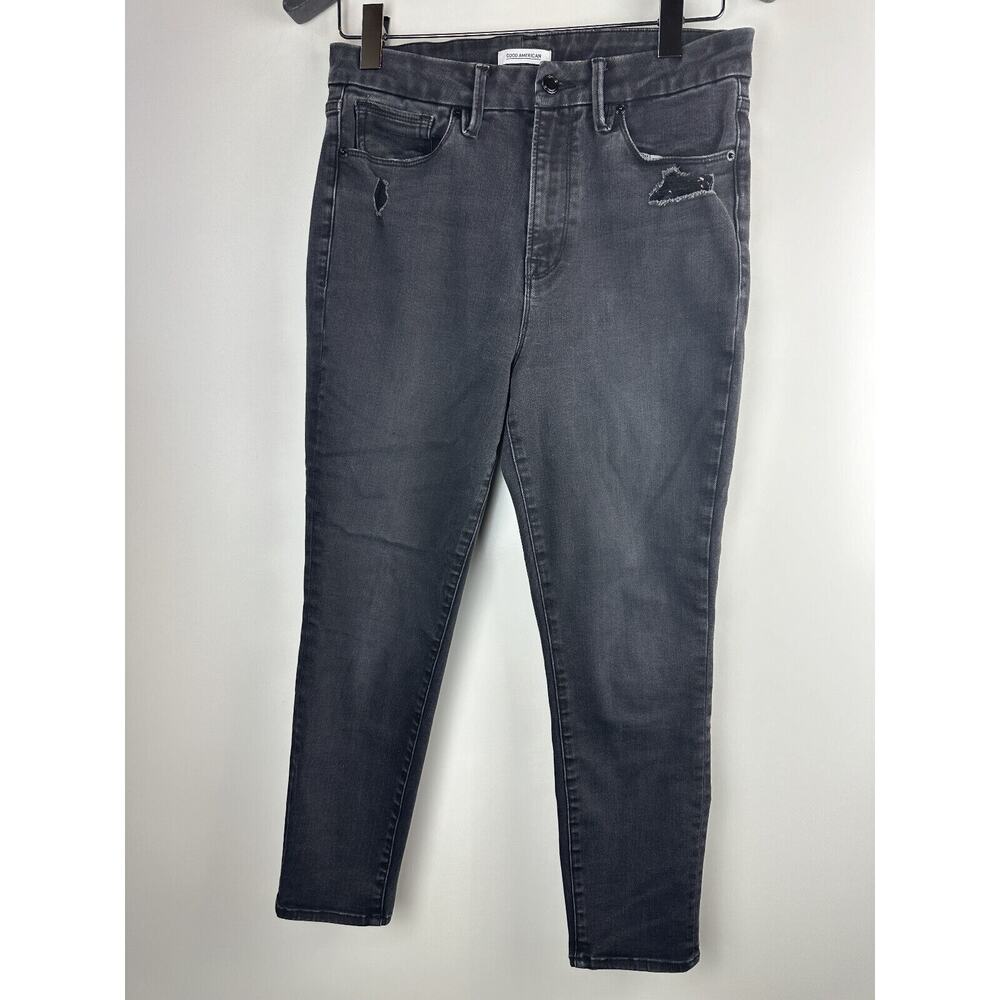 Good American Good Waist Ripped High Waist Crop Jeans Distressed Black Size 14 - Picture 2 of 12